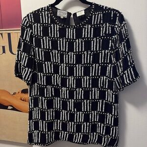 Stenay Vintage 100% Silk black/white beaded and sequined top.